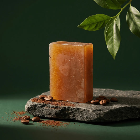 Urban Tree Coffee Soap, amber exfoliating bar on a stone slab with roasted coffee beans and ground coffee