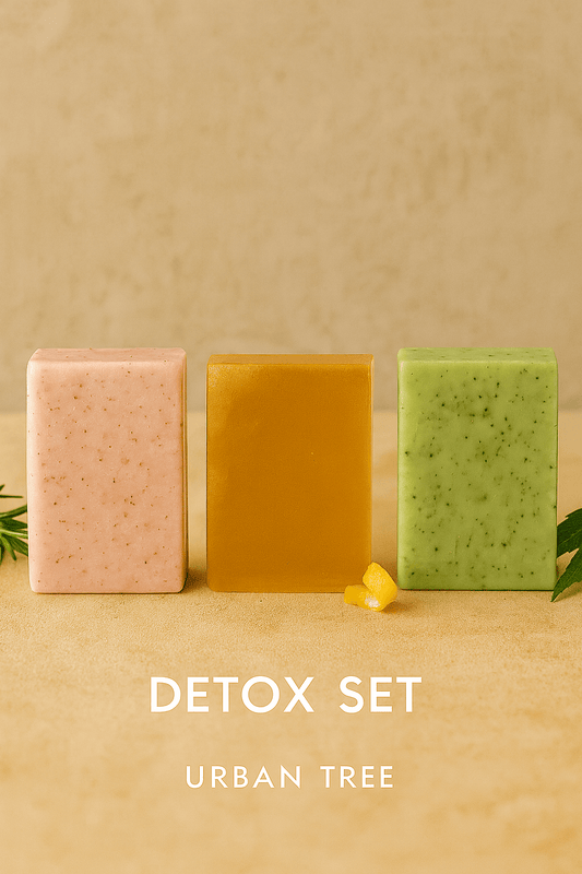 Urban Tree Detox Soap Set featuring three handmade organic soaps in pink, amber, and green, crafted in Pakistan for natural skin detox and deep cleansing.