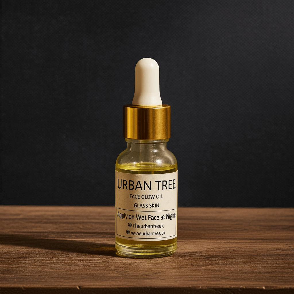 Urban Tree Face Glow Oil Glass Skin serum bottle on wooden surface with natural lighting – hydrating organic face oil in Pakistan