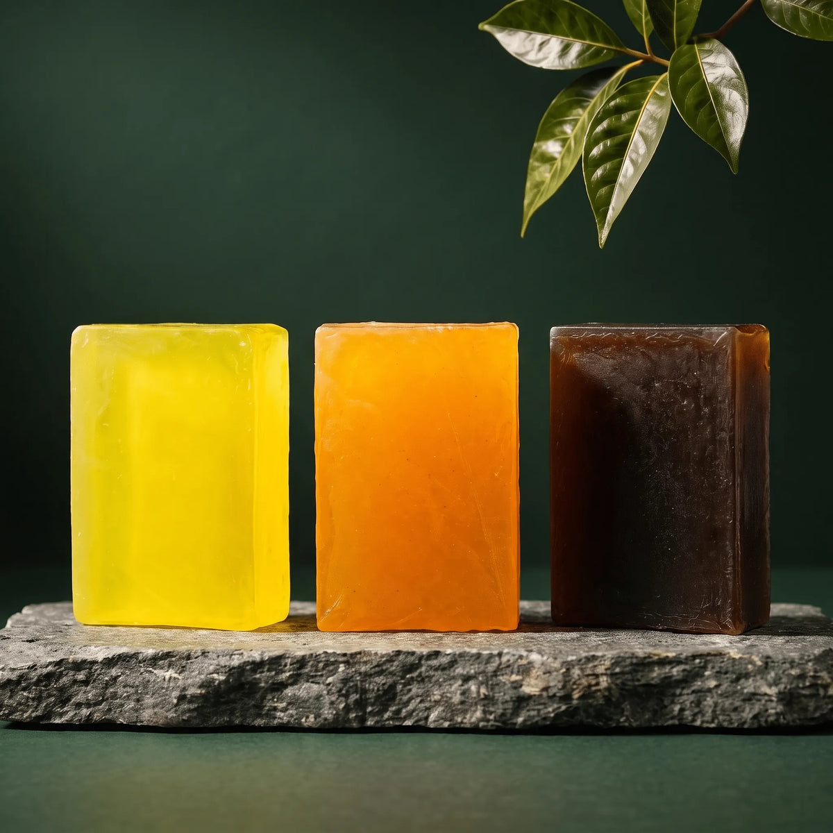 Urban Tree Glow and Refresh Collection, bright yellow lemon, orange and dark brown coffee soap bars standing on a stone slab