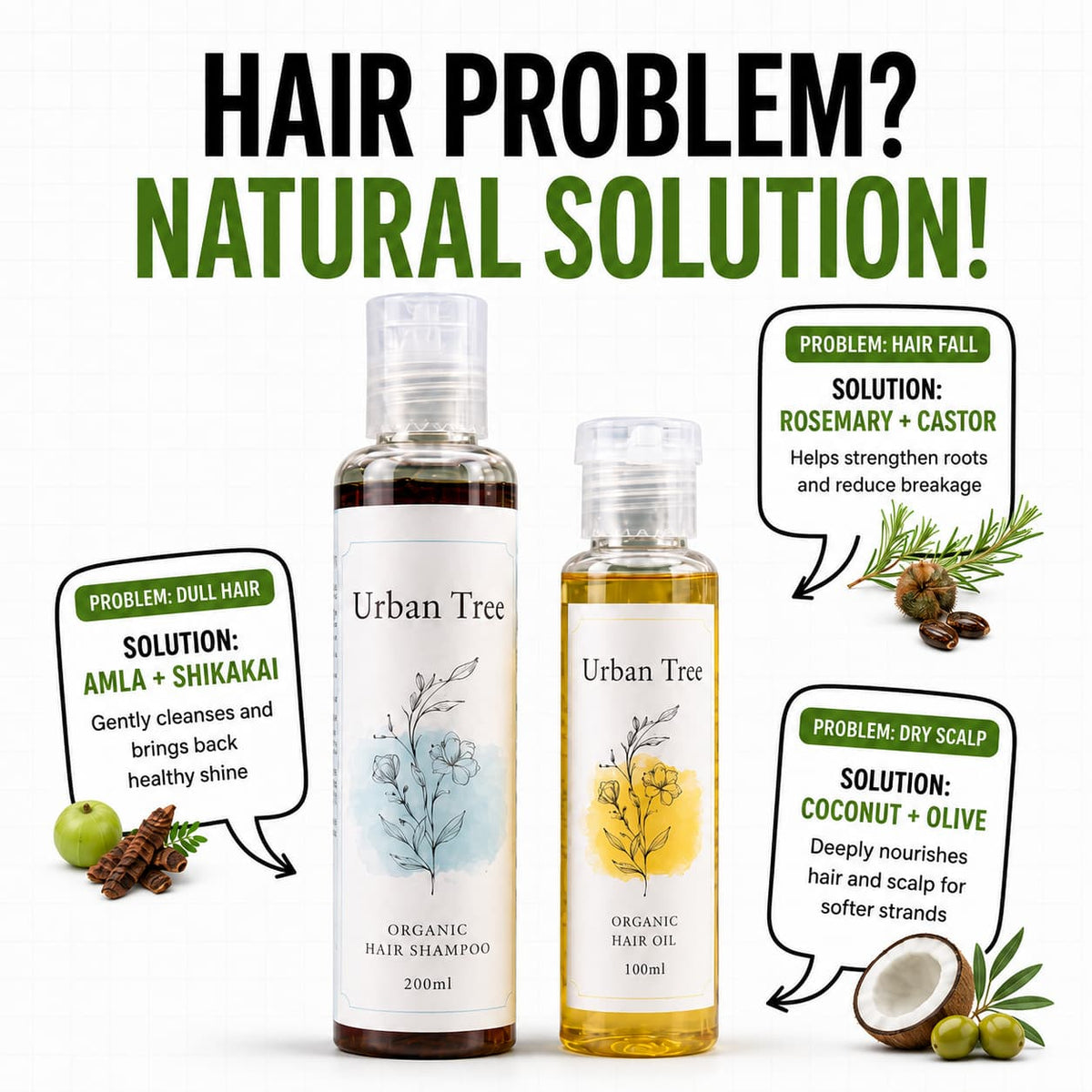 Urban Tree Hair Revival Duo infographic pairing hair problems with amla, shikakai, rosemary, castor and coconut