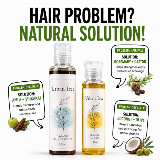 Urban Tree Hair Revival Duo infographic pairing hair problems with amla, shikakai, rosemary, castor and coconut