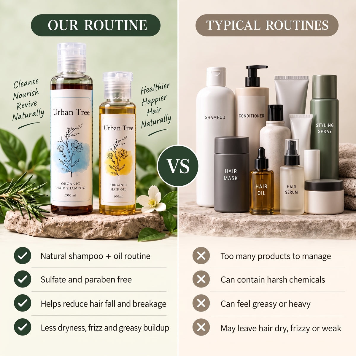 Urban Tree Hair Revival Duo, shampoo and oil routine compared with a shelf of typical hair care products