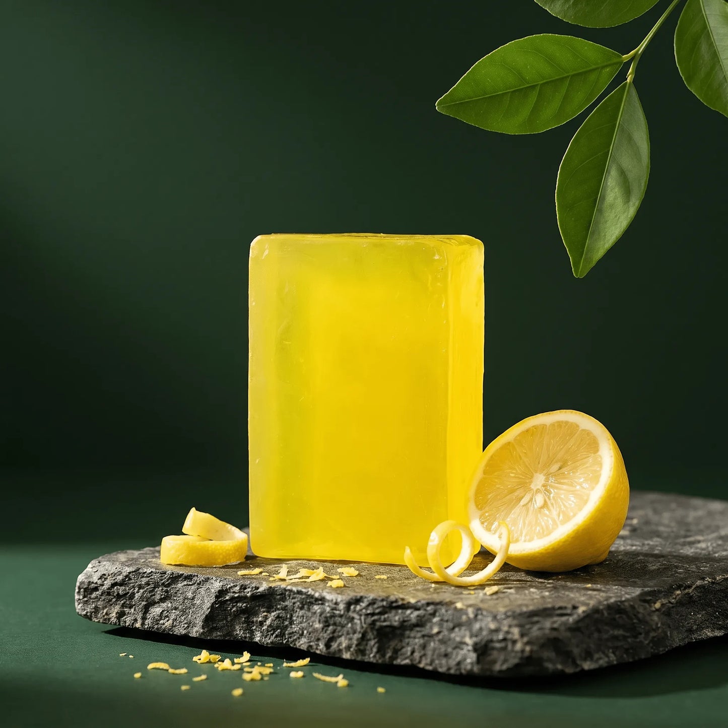 Urban Tree Lemon Citrus Soap, translucent yellow bar on a stone slab with a fresh lemon half and curls of zest