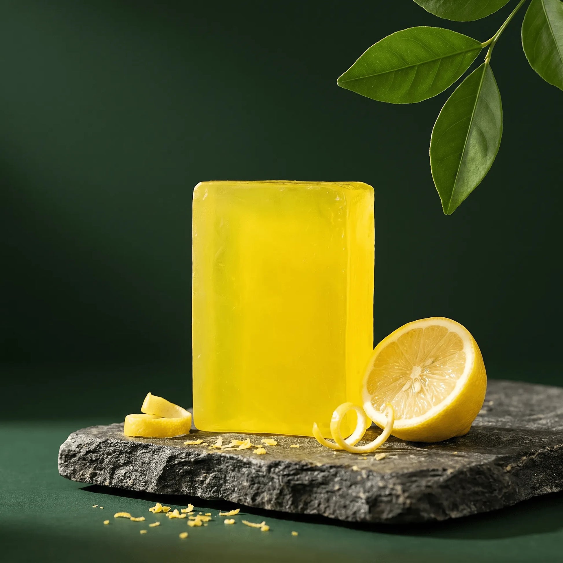 Urban Tree Lemon Citrus Soap, translucent yellow bar on a stone slab with a fresh lemon half and curls of zest