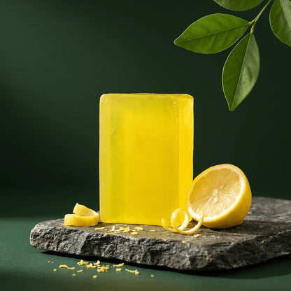 Urban Tree Lemon Citrus Soap, translucent yellow bar on a stone slab with a fresh lemon half and curls of zest