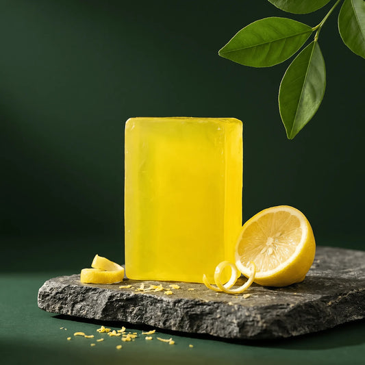 Urban Tree Lemon Citrus Soap, translucent yellow bar on a stone slab with a fresh lemon half and curls of zest