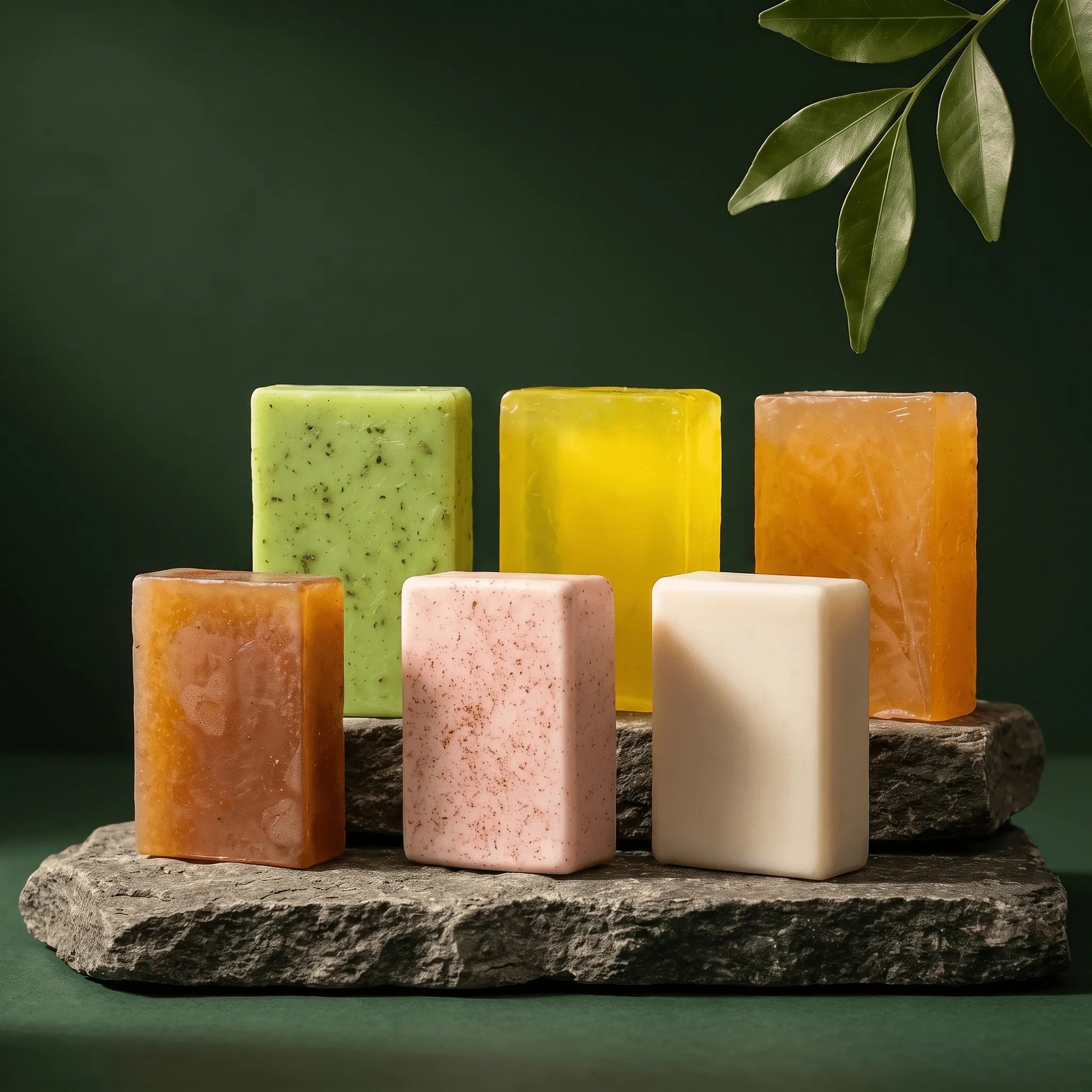 Urban Tree natural soap collection, six handmade bars in green, yellow, orange, coffee, pink and cream standing on a stone slab