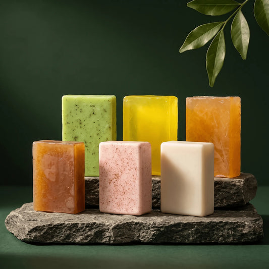 Urban Tree natural soap collection, six handmade bars in green, yellow, orange, coffee, pink and cream standing on a stone slab