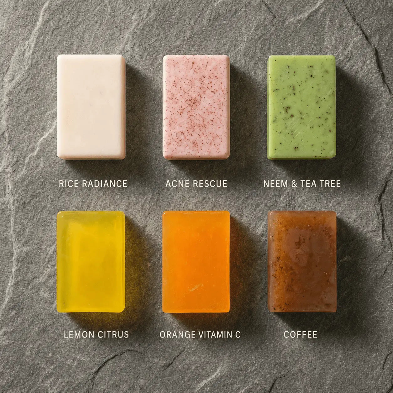 Overhead view of six Urban Tree soaps on slate, labelled Rice Radiance, Acne Rescue, Neem and Tea Tree, Lemon Citrus, Orange Vitamin C and Coffee