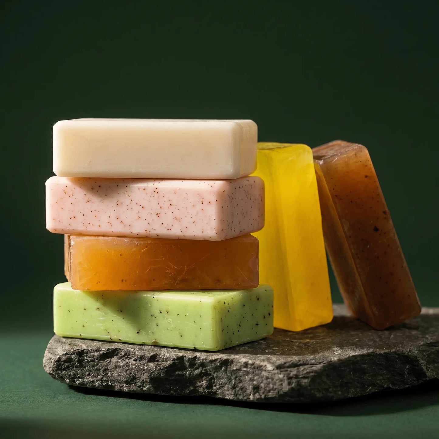 Four Urban Tree soap bars stacked on a stone slab showing bar thickness, with lemon and coffee bars standing behind