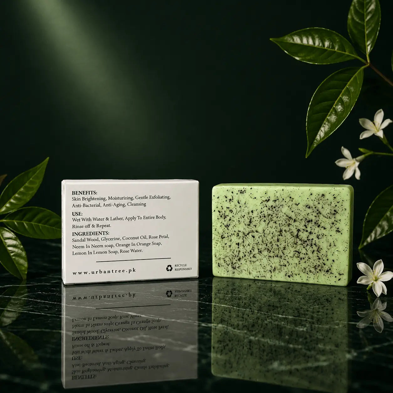 Urban Tree Neem Soap product photography, organic cleansing soap for daily skincare routine Pakistan