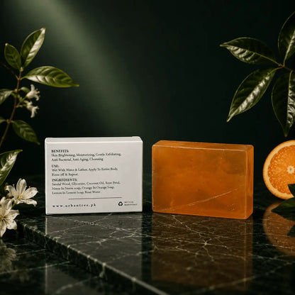 Urban Tree Orange Soap product photography, organic Vitamin C soap for radiant skin and daily cleansing Pakistan