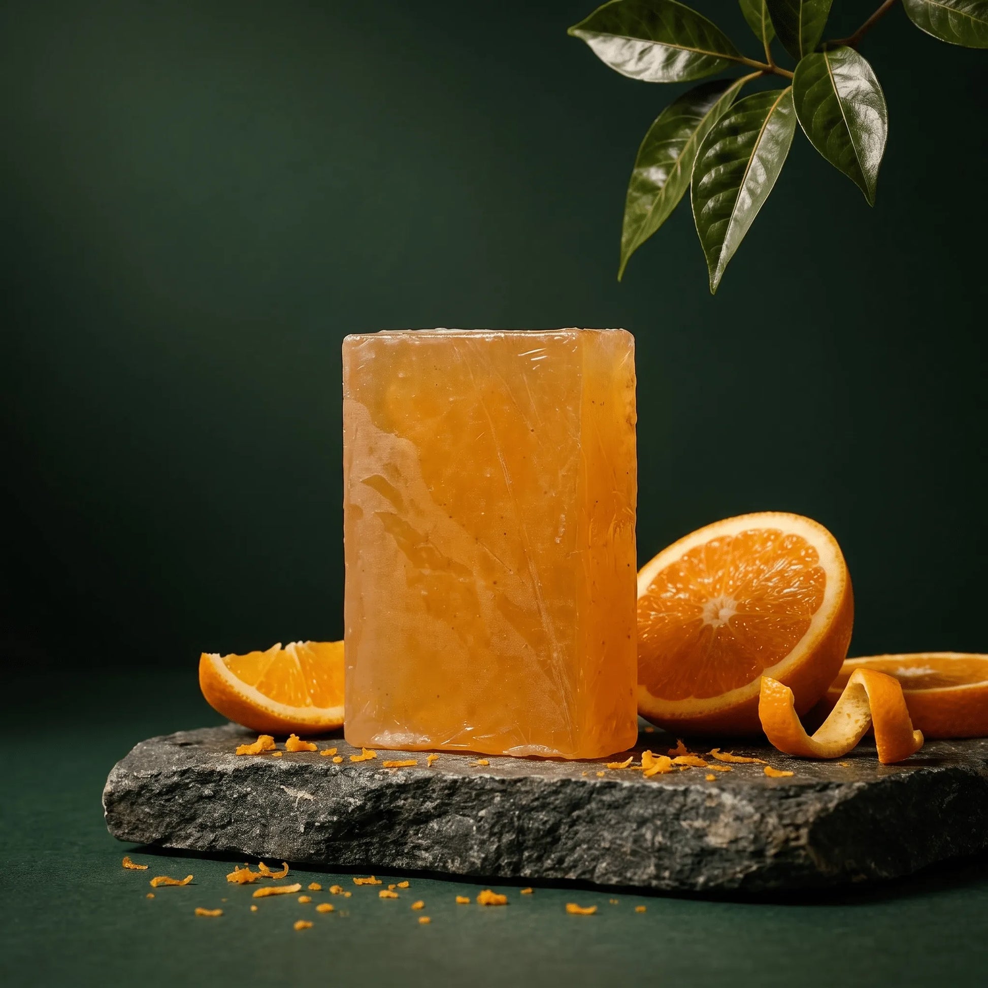 Urban Tree Orange Vitamin C Soap, translucent orange bar on a stone slab with fresh orange slices and peel