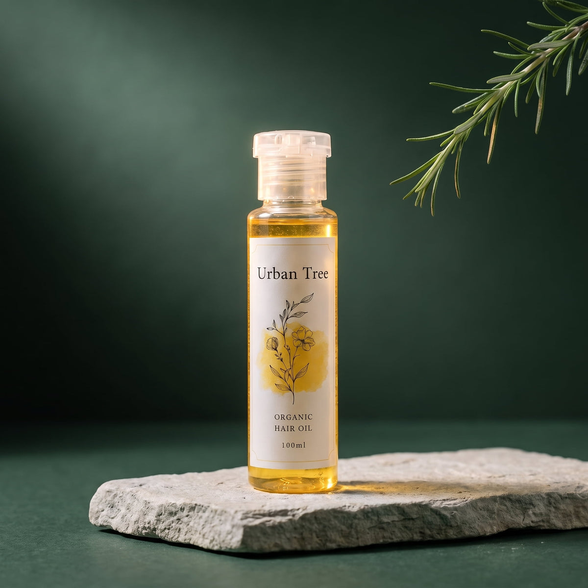 Urban Tree Organic Hair Oil 100ml bottle of golden herbal oil on a stone slab against a deep green background