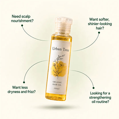 Urban Tree Organic Hair Oil with Rosemary 100ml with callouts for scalp nourishment, softer hair and less frizz