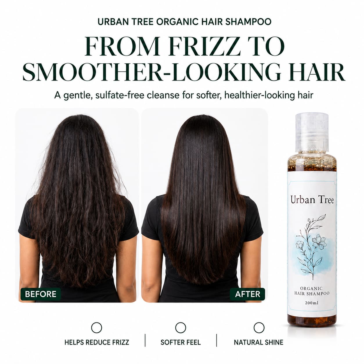 Urban Tree Organic Hair Shampoo before and after results showing frizz reduced and smoother, shinier hair, 200ml bottle