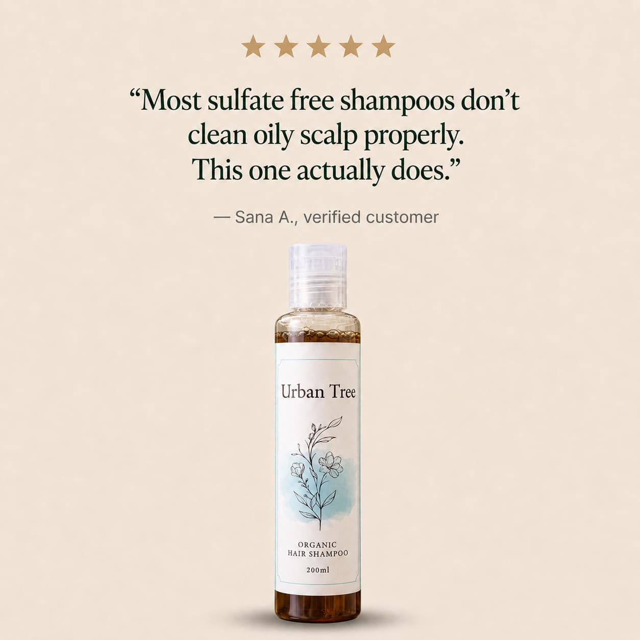 Five-star verified customer review of Urban Tree Organic Shampoo for effectively cleansing an oily scalp