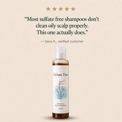 Five-star verified customer review of Urban Tree Organic Shampoo for effectively cleansing an oily scalp