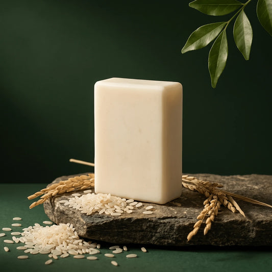 Urban Tree Rice Radiance Soap, cream coloured bar on a stone slab with rice grains and rice stalks