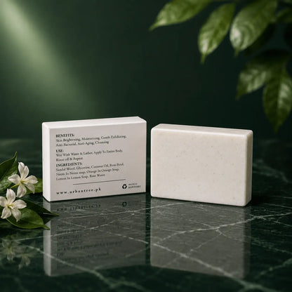 Urban Tree Rice Soap product photography, natural skincare soap for radiant skin Pakistan