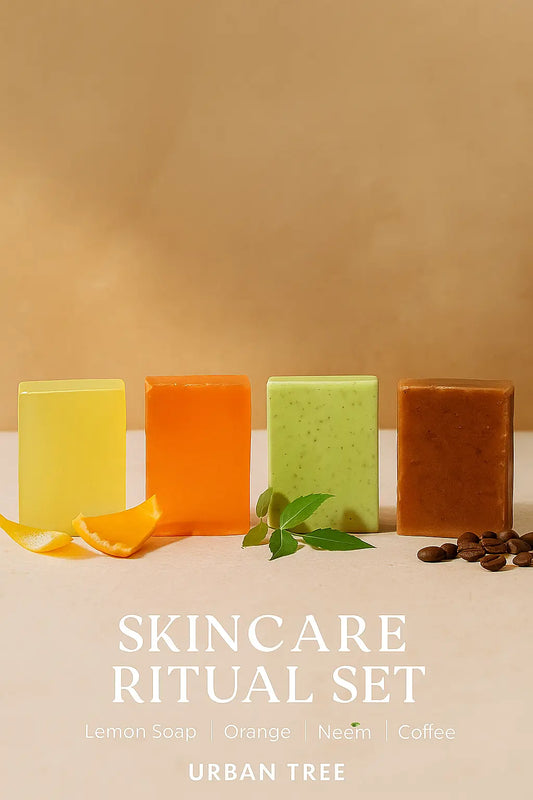 Urban Tree Skincare Ritual Set with Neem, Coffee, Orange, and Lemon soaps for clear, nourished skin

