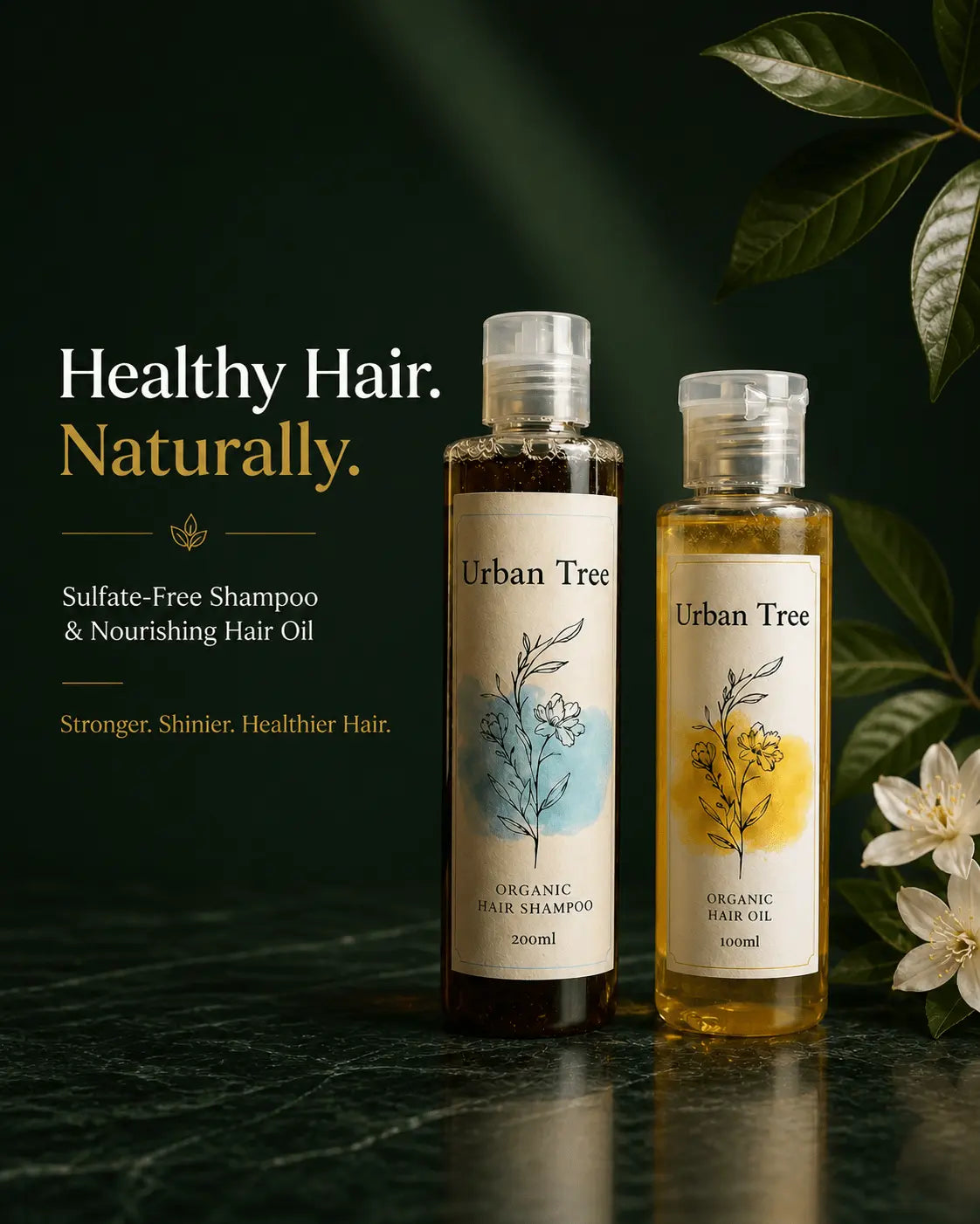 Urban Tree organic hair shampoo and natural hair oil for healthy shiny hair
