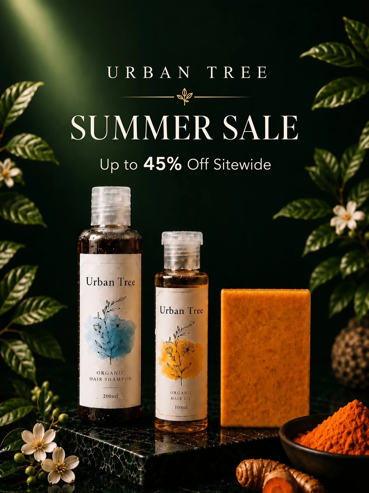Urban Tree Summer Sale mobile banner featuring Organic Hair Shampoo, Hair Oil and Turmeric Kojic Acid Soap with up to 45% off sitewide