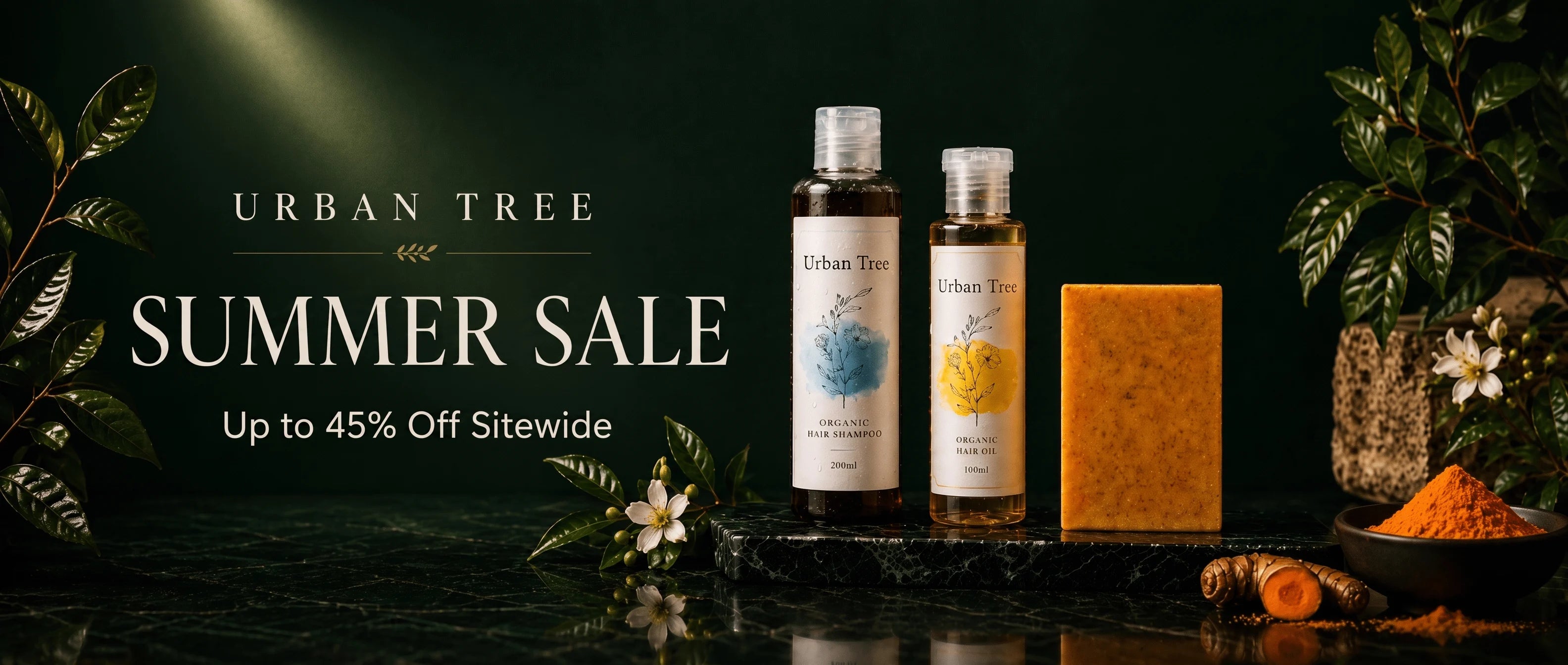 Urban Tree Summer Sale banner featuring Organic Hair Shampoo, Hair Oil and Turmeric Kojic Acid Soap with up to 45% off sitewide
