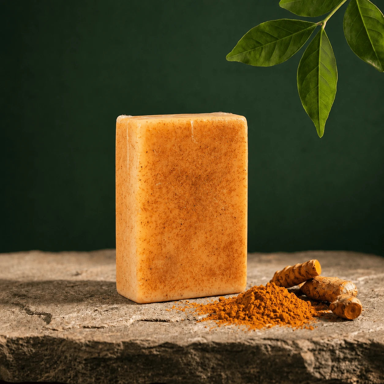 Urban Tree turmeric kojic acid soap bar with turmeric roots on a dark green background